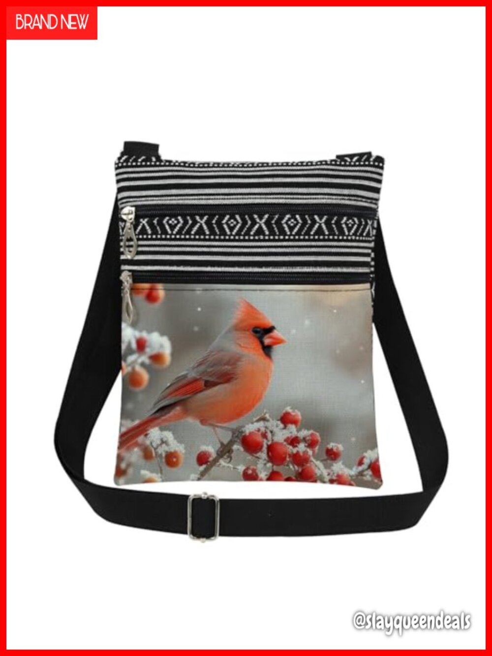 Cardinal Bird Crossbody Bag Polyester Adjustable Strap Double Zipper